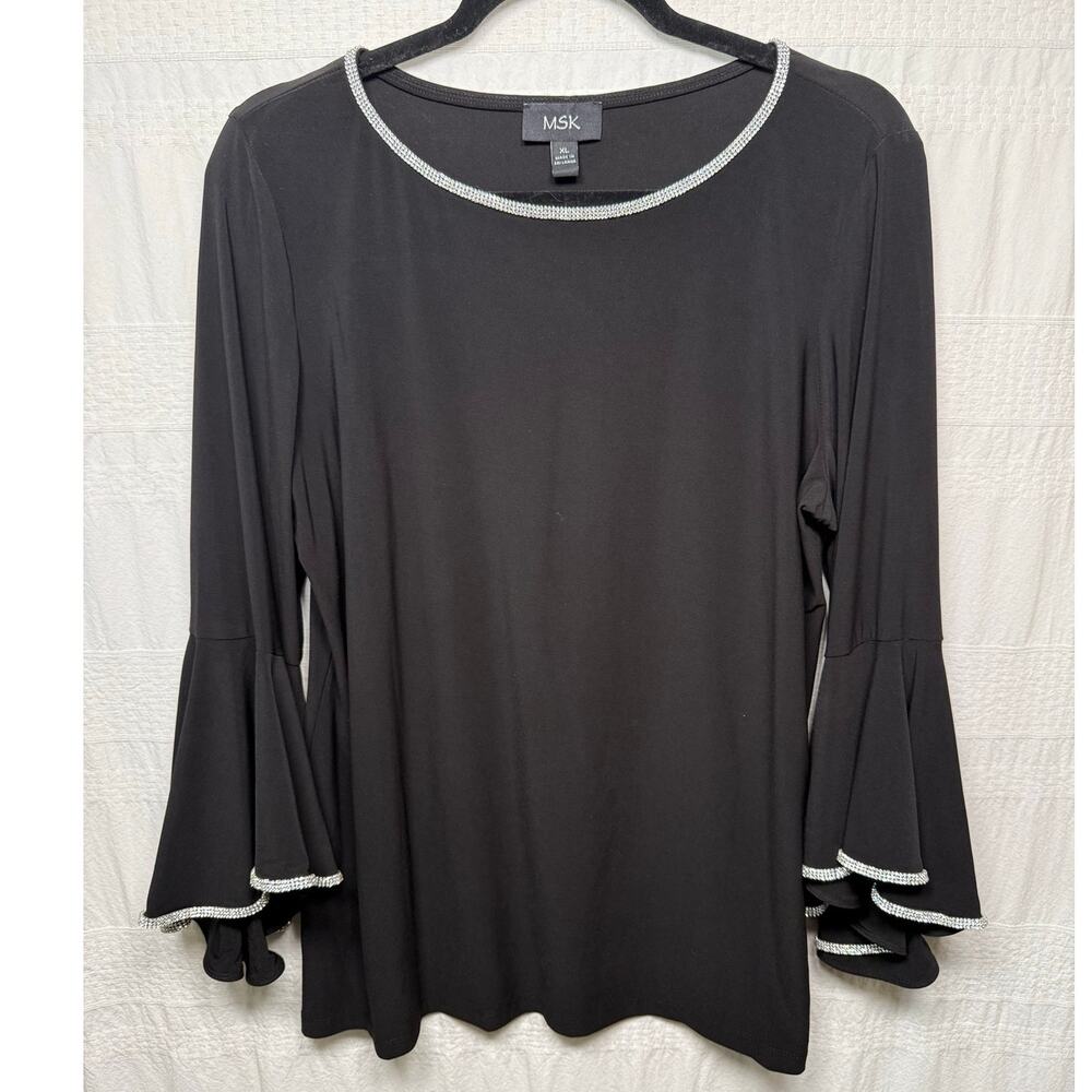 MSK Black Rhinestone Bell Sleeve Dressy Blouse, Size XL - Excellent